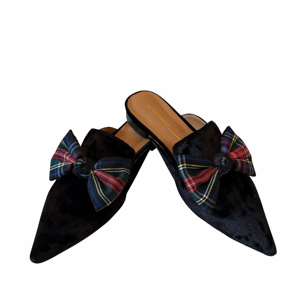 INTENTIONALLY BLANK Tartan Black Velvet Picadeli Plaid Bow Mules Size 6 New - Picture 11 of 16